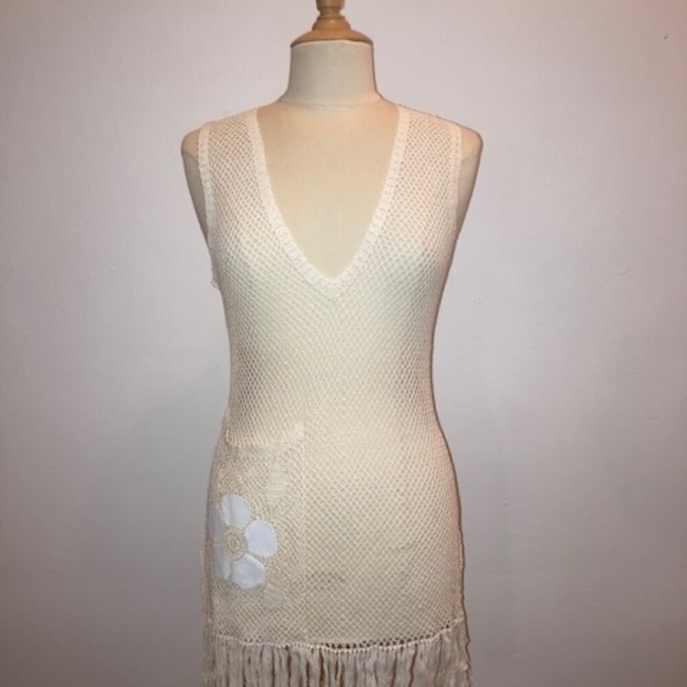 Jessica cream hand crochet V-neck sleeveless dress with leather insert NWOT